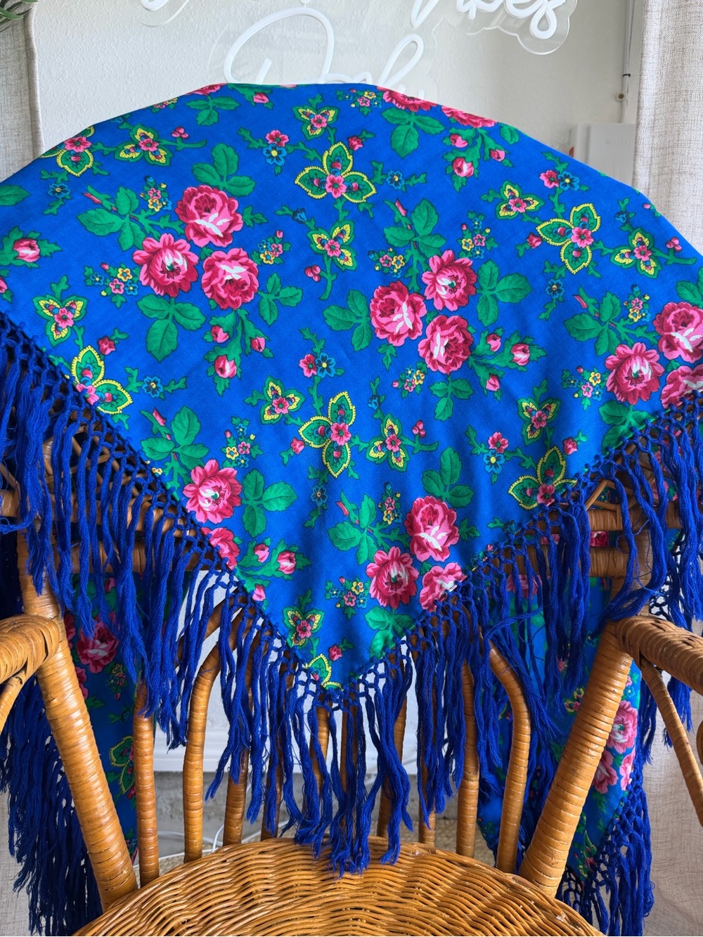 Vintage Oversized Shawl with Roses and Hand Tied Fringe